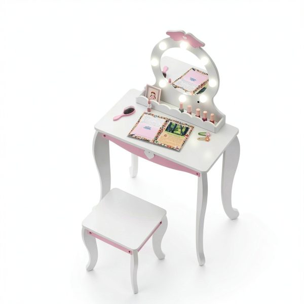Kids Vanity White Wood Vanity with Lighted Mirror MU-048-4