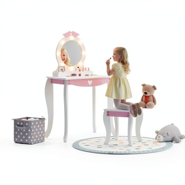 Kids Vanity White Wood Vanity with Lighted Mirror MU-048-1