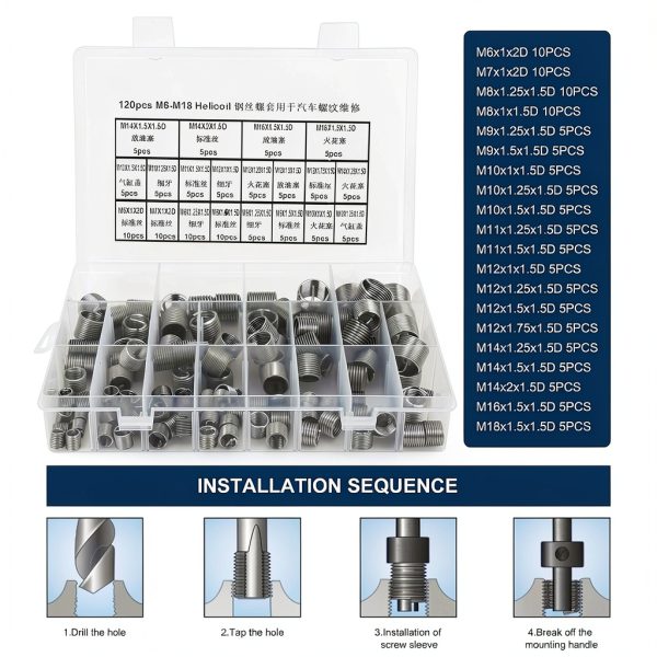 EVTSCAN 120 Pcs Stainless Steel Helical Threaded Inserts Kit, with M3 M4 M5 M6 M8 M10 M12 M14 M16 M18 Metric Wire Thread Inserts, Free Running Coil, for Repairing Damaged or Worn Out Threads-1