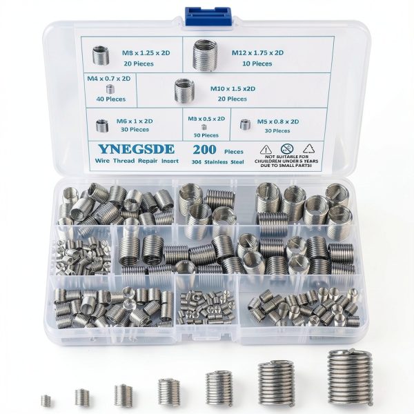 304 Stainless Steel Helical Coiled Metric Thread Repair Kit - 200Pcs Assortment Kit - M3, M4, M5, M6, M8, M10, M12 Wire Screw Sleeve Inserts-0