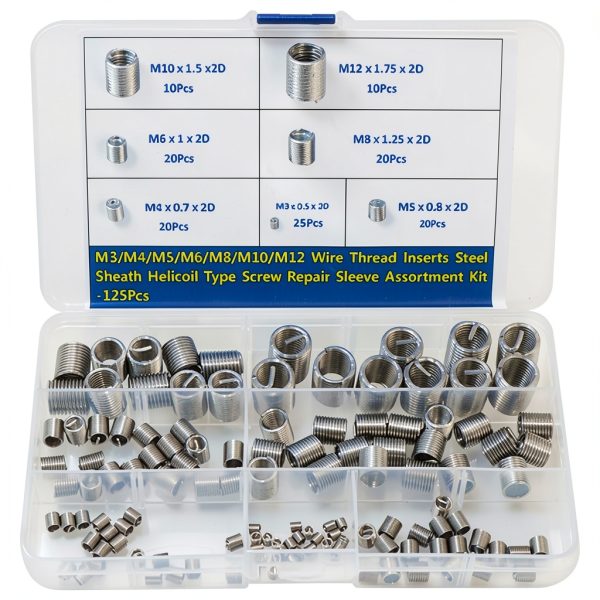 Thread Repair Insert Assortment Kit Helicoil Type Screw Wire Sleeve 304 Stainless Steel Metric M3 M4 M5 M6 M8 M10 M12 Wire Thread Inserts Heli Coil Thread Repair Kits 125PCS-0